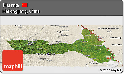 Satellite Panoramic Map of Huma, shaded relief outside