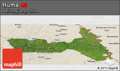 Satellite Panoramic Map of Huma, shaded relief outside