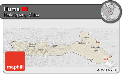 Shaded Relief Panoramic Map of Huma, lighten, desaturated