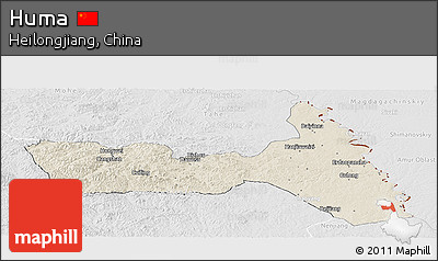 Shaded Relief Panoramic Map of Huma, lighten, desaturated
