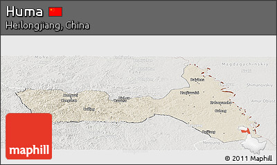 Shaded Relief Panoramic Map of Huma, lighten, semi-desaturated