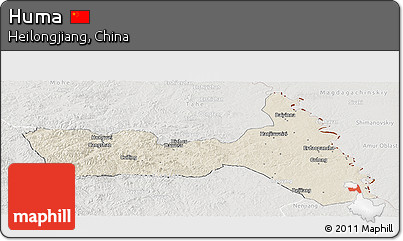 Shaded Relief Panoramic Map of Huma, lighten, semi-desaturated