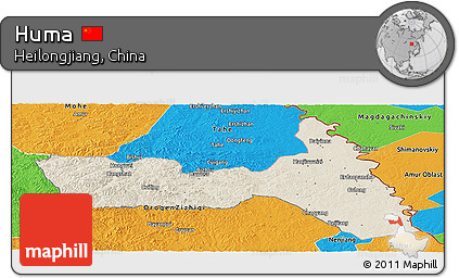 Shaded Relief Panoramic Map of Huma, political outside