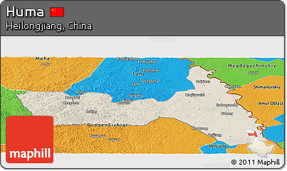 Shaded Relief Panoramic Map of Huma, political outside