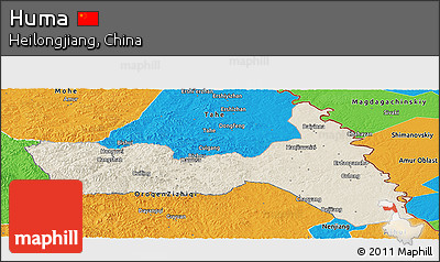Shaded Relief Panoramic Map of Huma, political outside