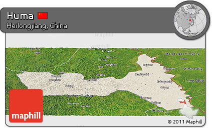 Shaded Relief Panoramic Map of Huma, satellite outside