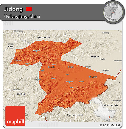 Political 3D Map of Jidong, shaded relief outside