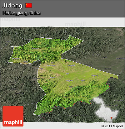 Satellite 3D Map of Jidong, darken, semi-desaturated