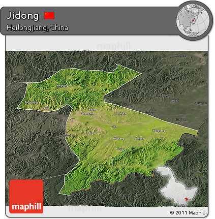 Satellite 3D Map of Jidong, darken, semi-desaturated