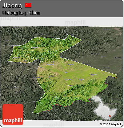 Satellite 3D Map of Jidong, darken, semi-desaturated