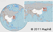 Gray Location Map of Jidong, highlighted country, highlighted parent region, within the entire country, hill shading