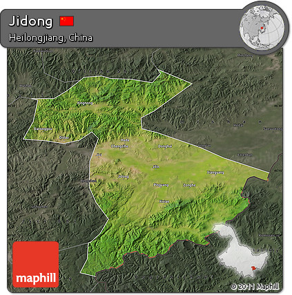Satellite Map of Jidong, darken, semi-desaturated