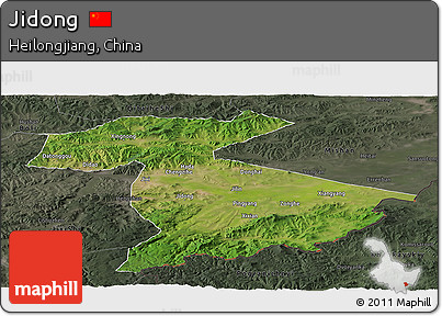Satellite Panoramic Map of Jidong, darken, semi-desaturated