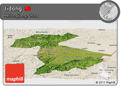 Satellite Panoramic Map of Jidong, shaded relief outside