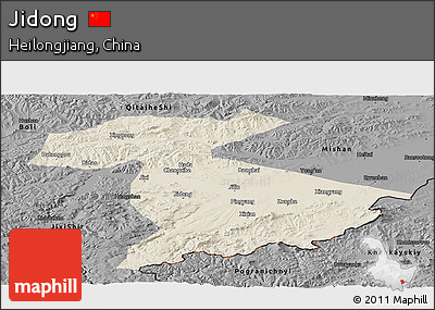 Shaded Relief Panoramic Map of Jidong, darken, desaturated