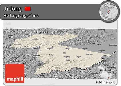Shaded Relief Panoramic Map of Jidong, darken, desaturated