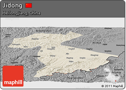 Shaded Relief Panoramic Map of Jidong, darken, desaturated