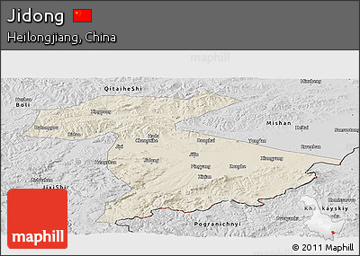 Shaded Relief Panoramic Map of Jidong, desaturated