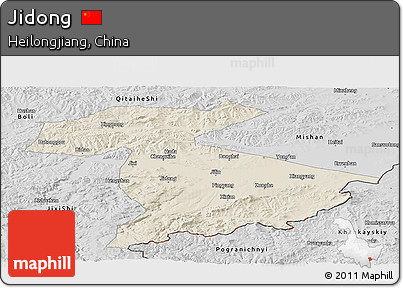 Shaded Relief Panoramic Map of Jidong, desaturated