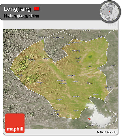 Satellite 3D Map of Longjiang, semi-desaturated