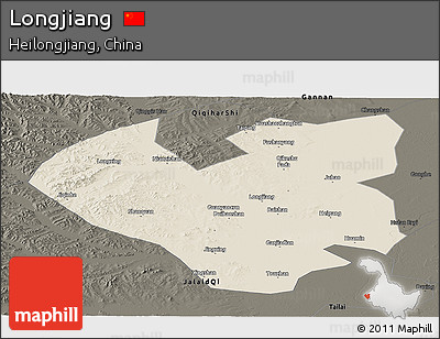 Shaded Relief Panoramic Map of Longjiang, darken
