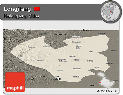 Shaded Relief Panoramic Map of Longjiang, darken