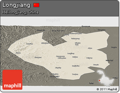 Shaded Relief Panoramic Map of Longjiang, darken