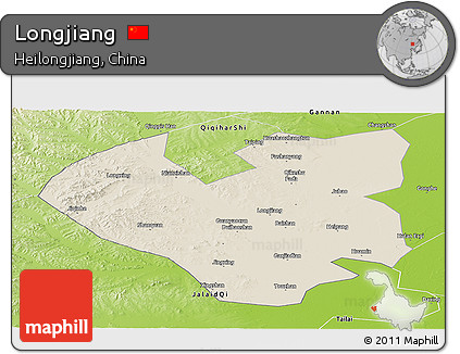 Shaded Relief Panoramic Map of Longjiang, physical outside