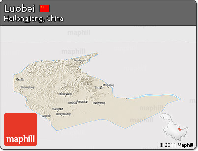 Shaded Relief Panoramic Map of Luobei, single color outside