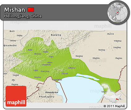 Physical 3D Map of Mishan, shaded relief outside