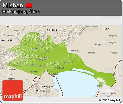 Physical 3D Map of Mishan, shaded relief outside