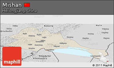 Shaded Relief Panoramic Map of Mishan, desaturated