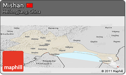 Shaded Relief Panoramic Map of Mishan, desaturated