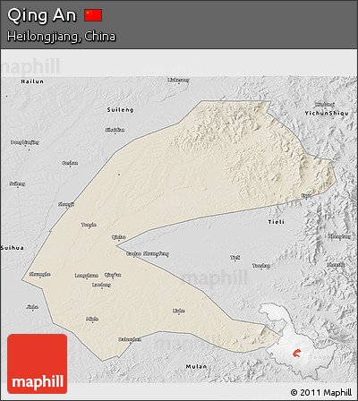 Shaded Relief 3D Map of Qing An, desaturated