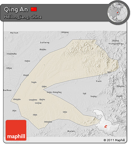 Shaded Relief 3D Map of Qing An, desaturated