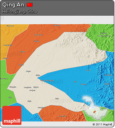 Shaded Relief 3D Map of Qing An, political outside