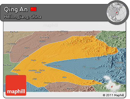Political Panoramic Map of Qing An, semi-desaturated