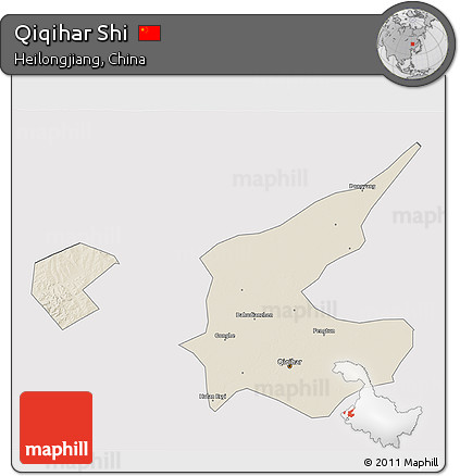 Shaded Relief 3D Map of Qiqihar Shi, cropped outside