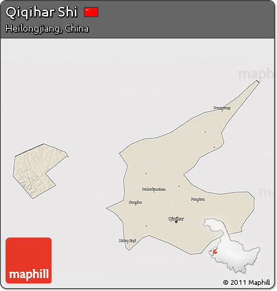 Shaded Relief 3D Map of Qiqihar Shi, cropped outside