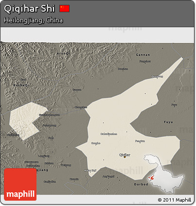 Shaded Relief 3D Map of Qiqihar Shi, darken