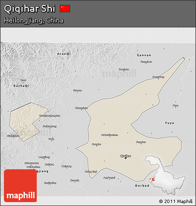 Shaded Relief 3D Map of Qiqihar Shi, desaturated