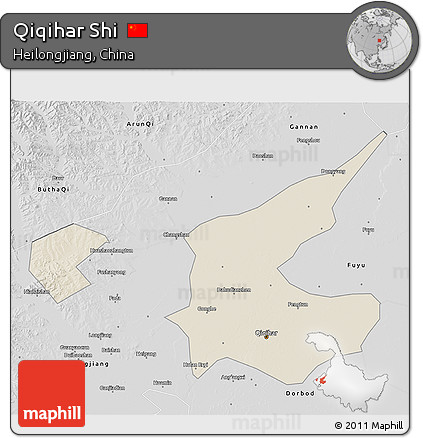 Shaded Relief 3D Map of Qiqihar Shi, desaturated