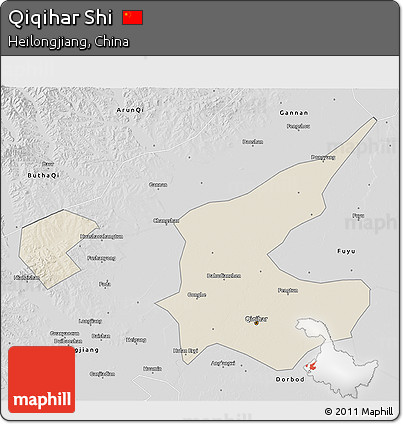 Shaded Relief 3D Map of Qiqihar Shi, desaturated