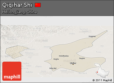 Shaded Relief Panoramic Map of Qiqihar Shi, lighten