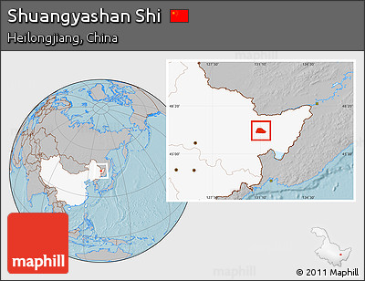 Gray Location Map of Shuangyashan Shi, highlighted country, hill shading