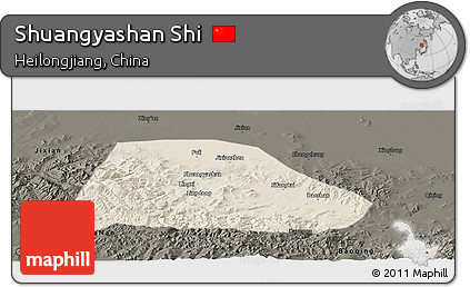 Shaded Relief Panoramic Map of Shuangyashan Shi, darken