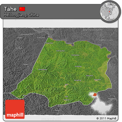 Satellite 3D Map of Tahe, desaturated