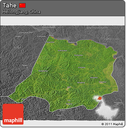 Satellite 3D Map of Tahe, desaturated