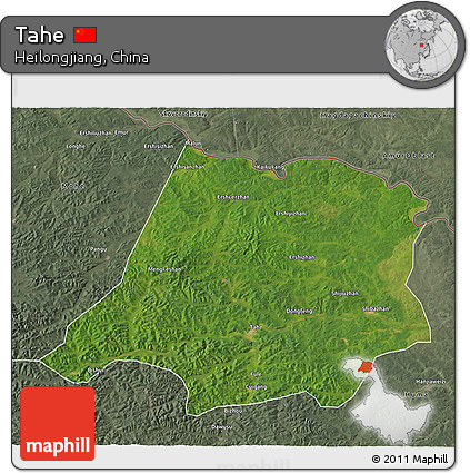 Satellite 3D Map of Tahe, semi-desaturated