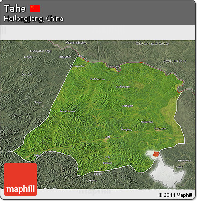 Satellite 3D Map of Tahe, semi-desaturated